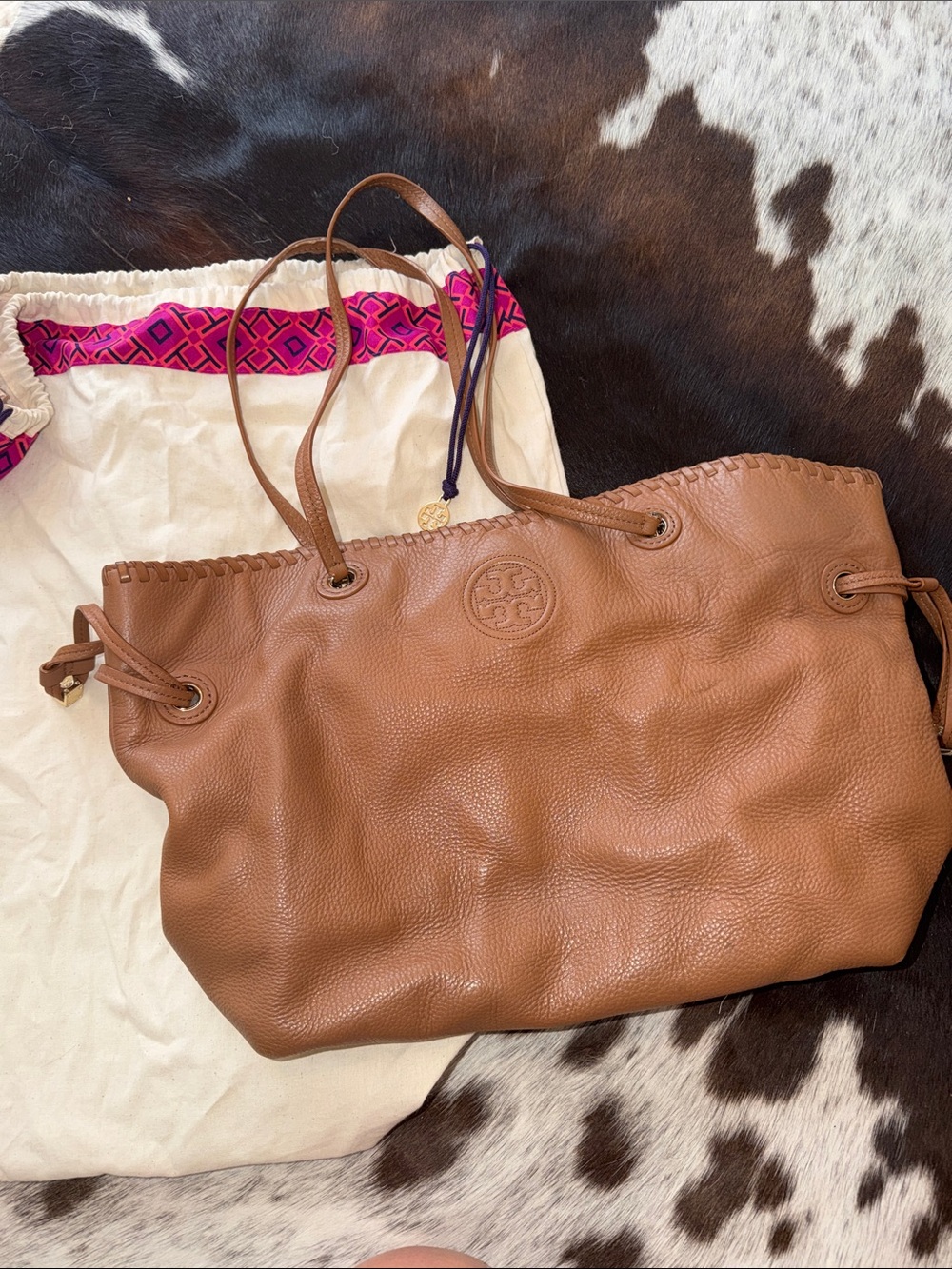 Tory Burch Brown Pebbled Leather Tote with Logo